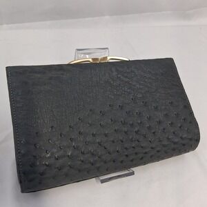 Corbeau Charcoal Grey Genuine Ostrich Leather Clutch Bag Gold Chain Strap